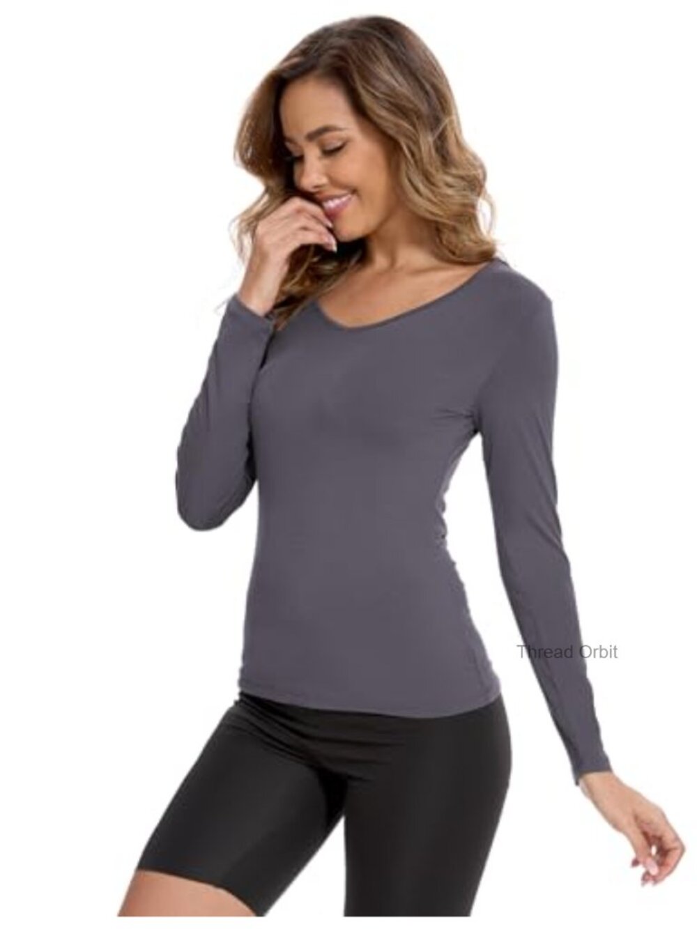 Bamboo Viscose Long Sleeve V Neck Pajama Top Slim Fit Sleep Shirt - Picture 3 of 5